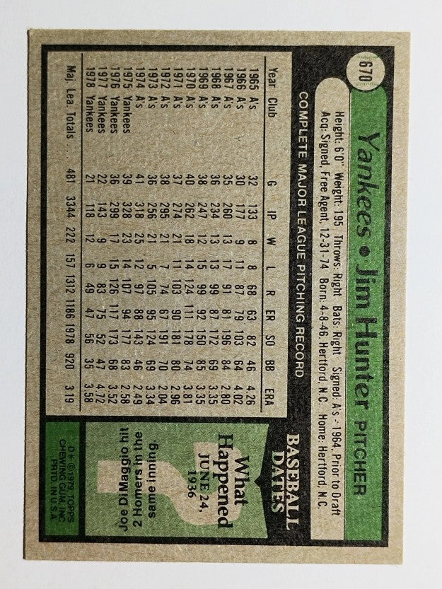 1979 Topps #670 Jim Hunter DP (EX)