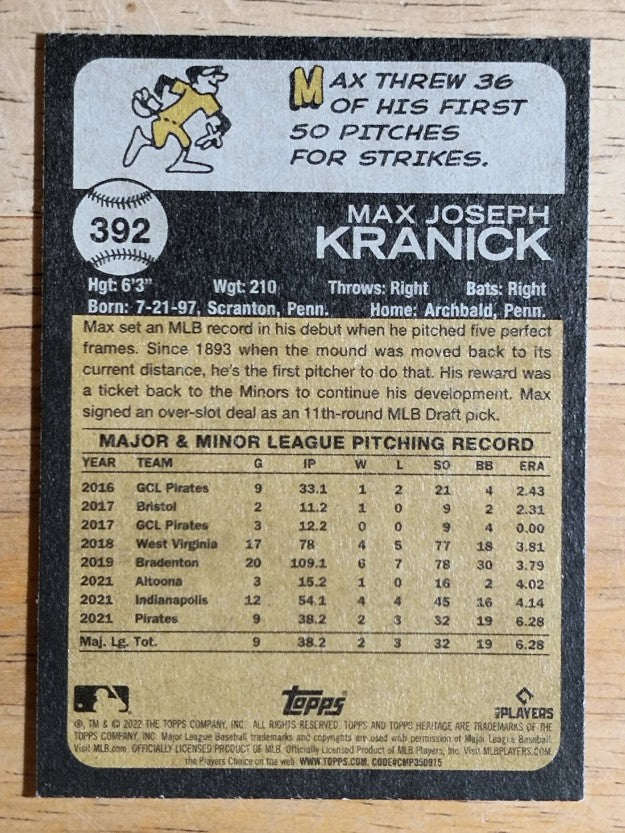 2022 Topps Heritage #392 Max Kranick RC