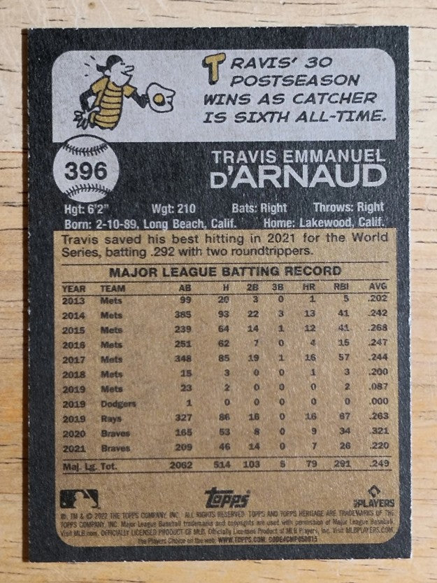 2022 Topps Heritage #396 Travis d'Arnaud