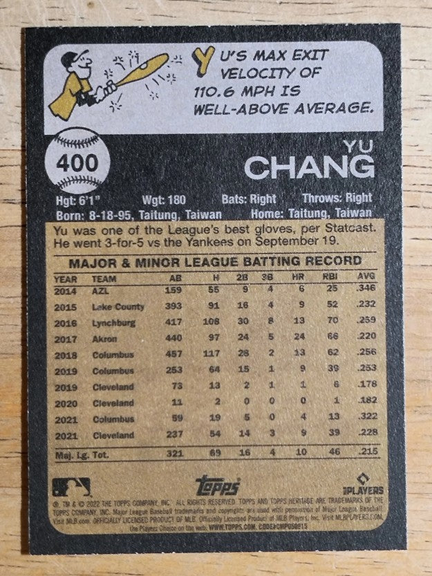 2022 Topps Heritage #400 Yu Chang