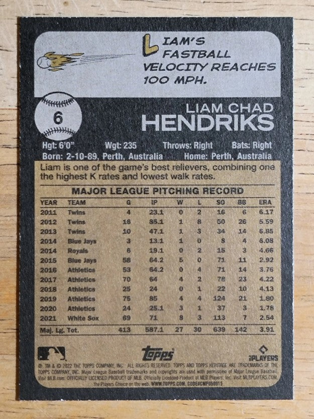 2022 Topps Heritage #6 Liam Hendriks
