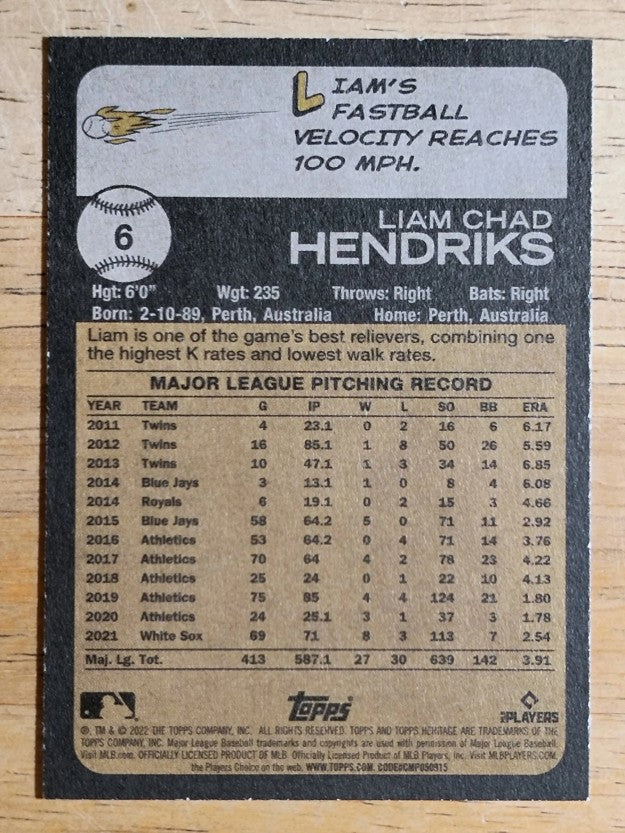 2022 Topps Heritage #6 Liam Hendriks