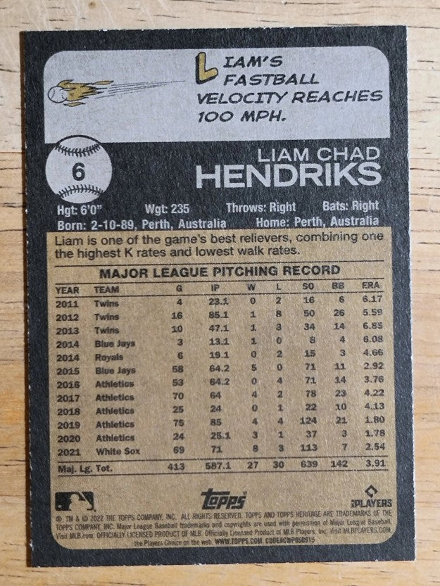 2022 Topps Heritage #6 Liam Hendriks