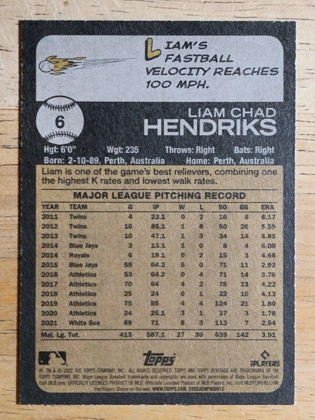 2022 Topps Heritage #6 Liam Hendriks