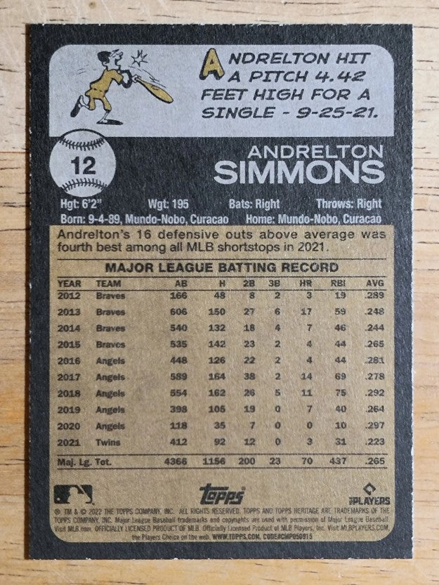 2022 Topps Heritage #12 Andrelton Simmons