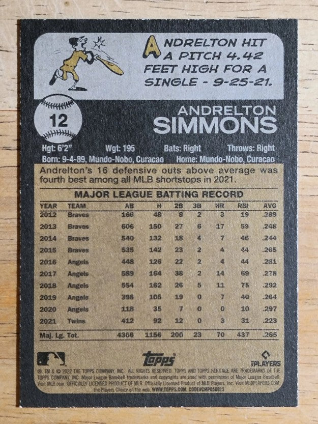 2022 Topps Heritage #12 Andrelton Simmons