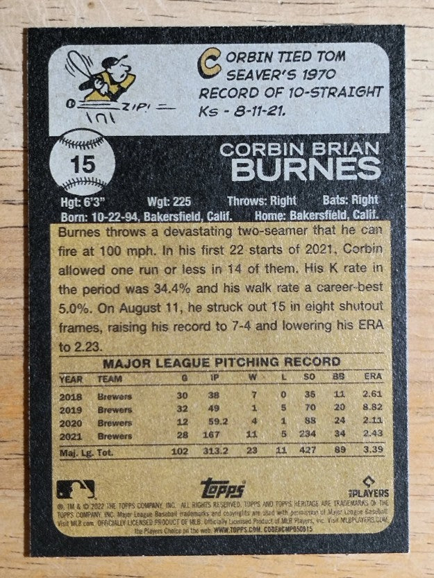 2022 Topps Heritage #15 Corbin Burnes