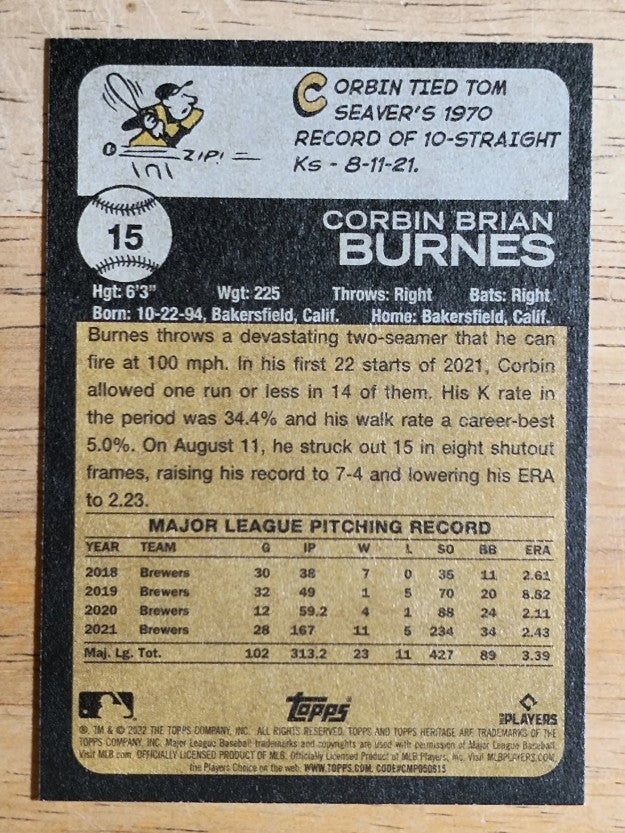 2022 Topps Heritage #15 Corbin Burnes