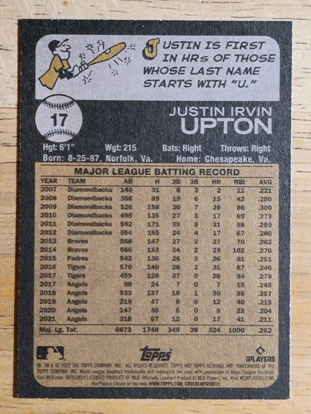 2022 Topps Heritage #17 Justin Upton