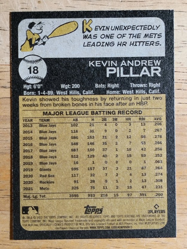 2022 Topps Heritage #18 Kevin Pillar