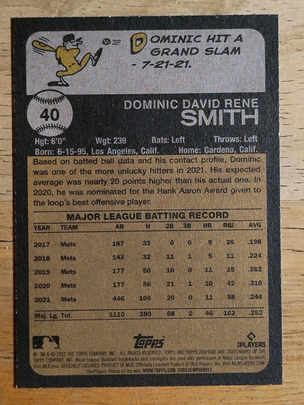 2022 Topps Heritage #40 Dominic Smith