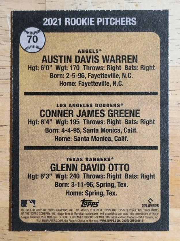 2022 Topps Heritage #70 Austin Warren RC/Conner Greene RC/Glenn Otto RC