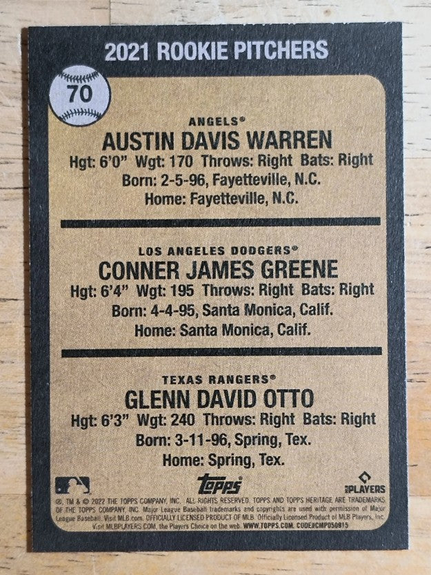 2022 Topps Heritage #70 Austin Warren RC/Conner Greene RC/Glenn Otto RC