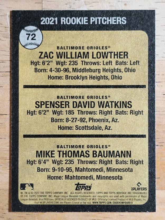 2022 Topps Heritage #72 Mike Baumann RC/Zac Lowther RC/Spenser Watkins RC