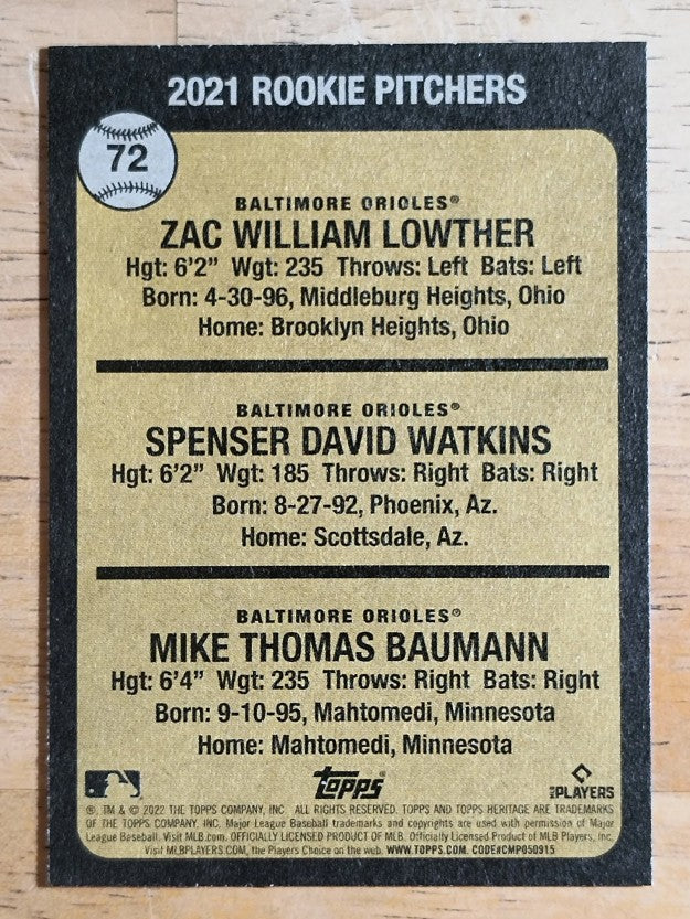2022 Topps Heritage #72 Mike Baumann RC/Zac Lowther RC/Spenser Watkins RC