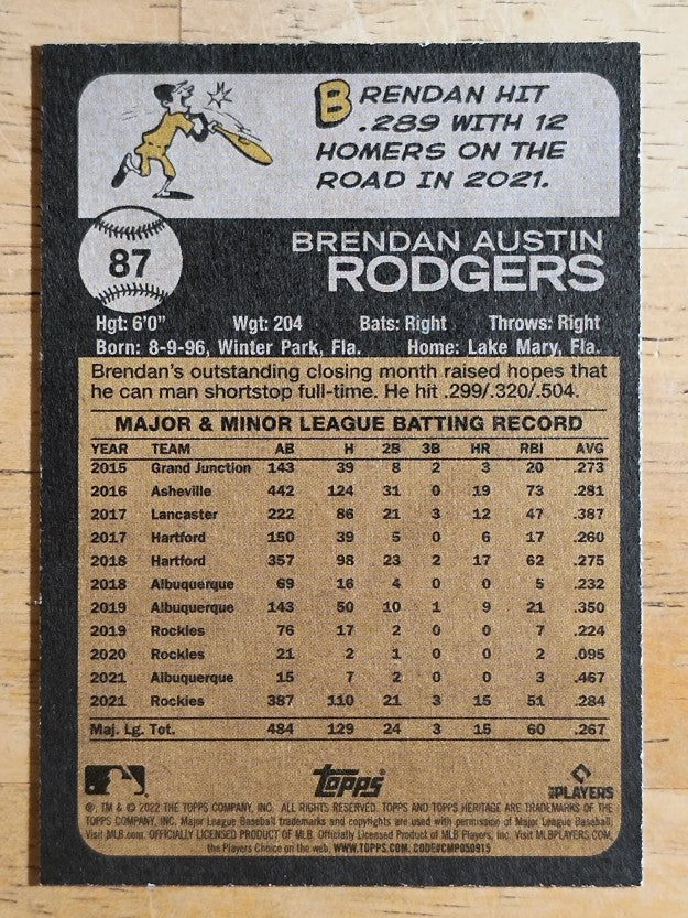 2022 Topps Heritage #87 Brendan Rodgers