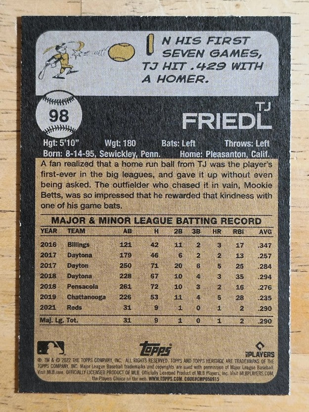 2022 Topps Heritage #98 TJ Friedl RC