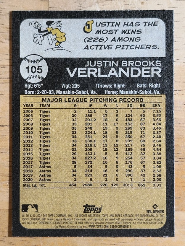 2022 Topps Heritage #105 Justin Verlander