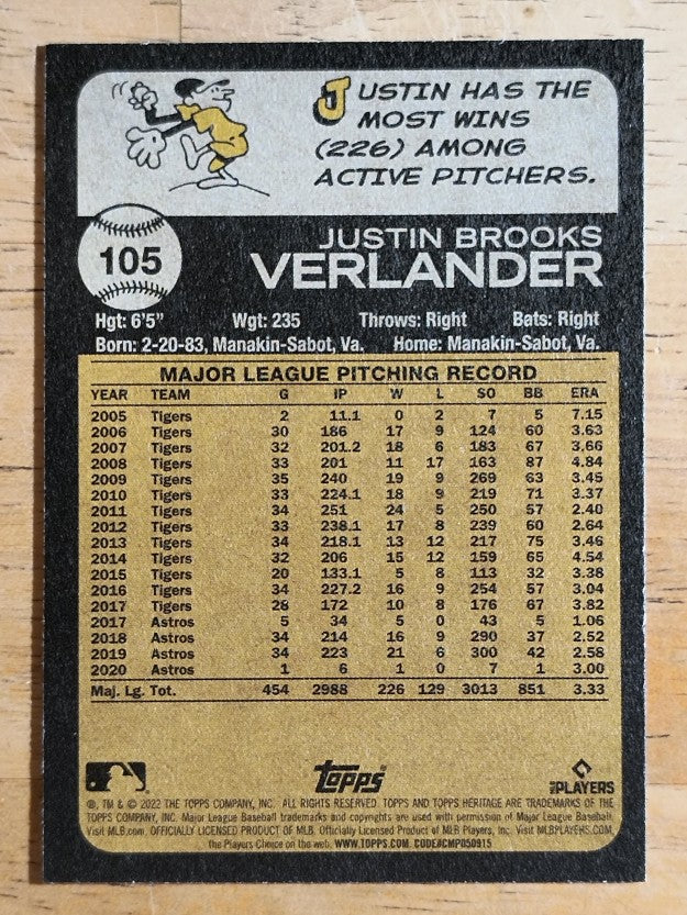 2022 Topps Heritage #105 Justin Verlander