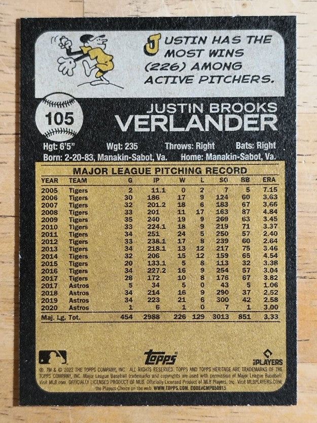 2022 Topps Heritage #105 Justin Verlander