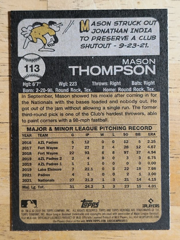 2022 Topps Heritage #113 Mason Thompson RC