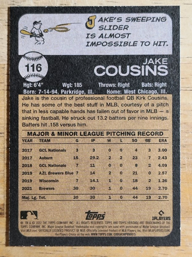 2022 Topps Heritage #116 Jake Cousins RC