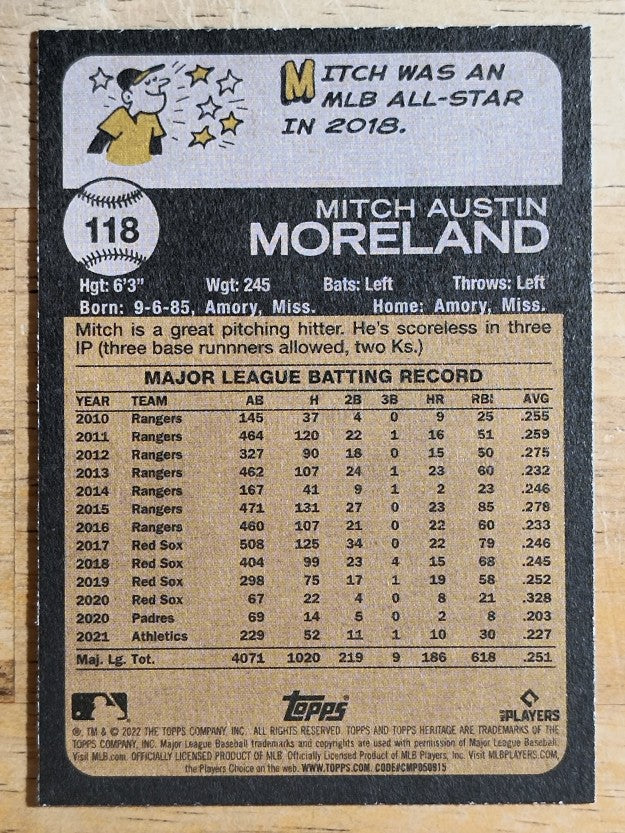 2022 Topps Heritage #118 Mitch Moreland