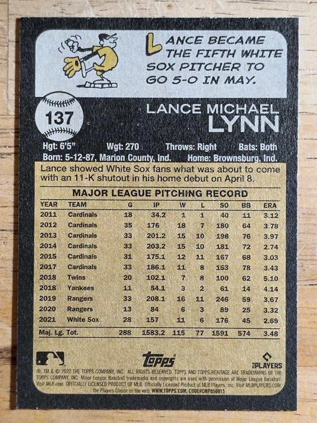 2022 Topps Heritage #137 Lance Lynn