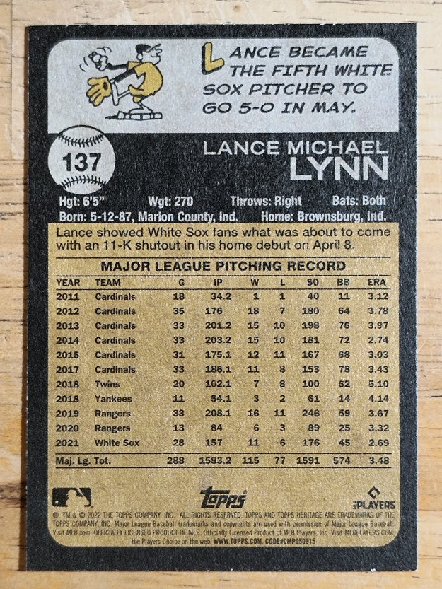 2022 Topps Heritage #137 Lance Lynn