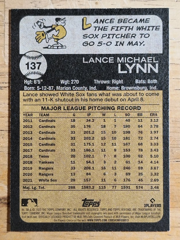 2022 Topps Heritage #137 Lance Lynn