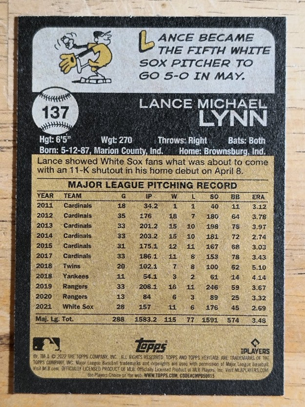 2022 Topps Heritage #137 Lance Lynn