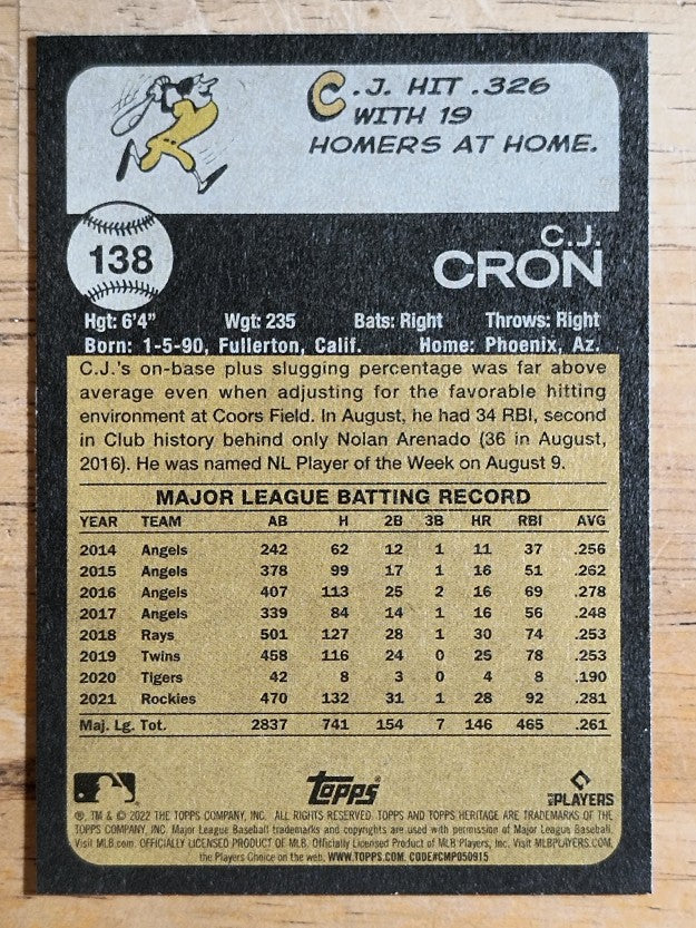 2022 Topps Heritage #138 C.J. Cron