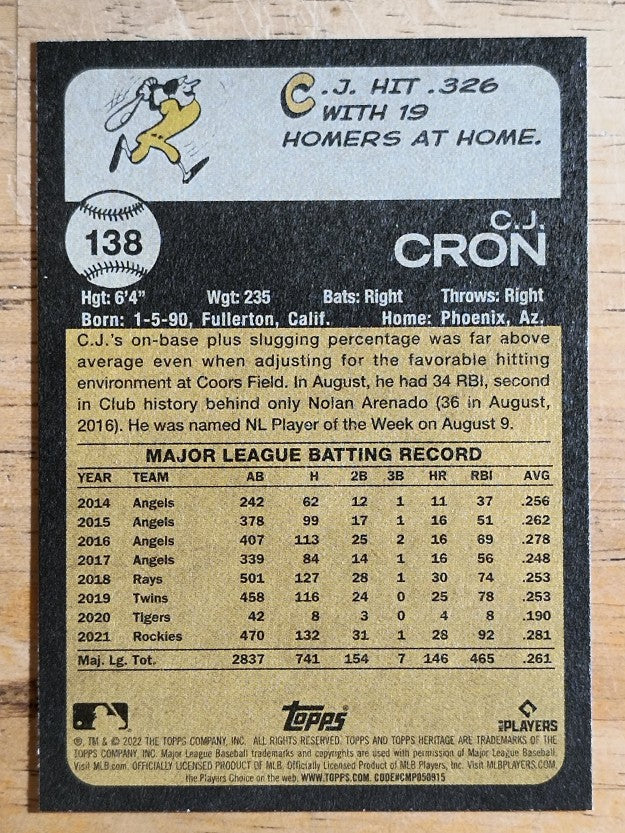 2022 Topps Heritage #138 C.J. Cron