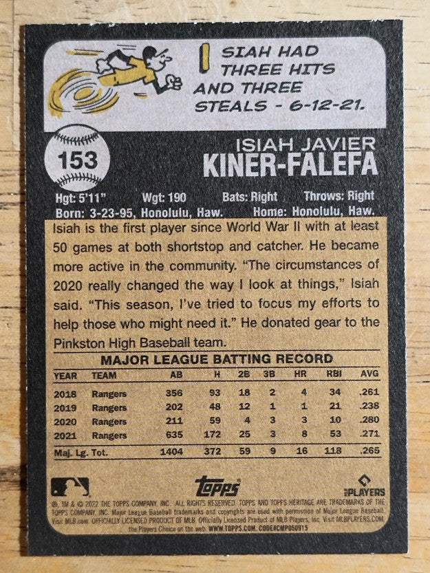 2022 Topps Heritage #153 Isiah Kiner-Falefa