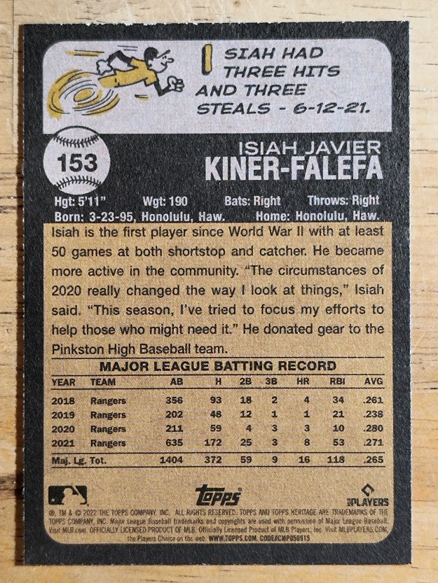 2022 Topps Heritage #153 Isiah Kiner-Falefa