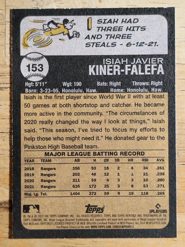 2022 Topps Heritage #153 Isiah Kiner-Falefa