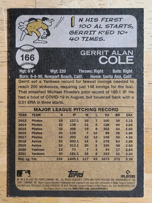 2022 Topps Heritage #166 Gerrit Cole