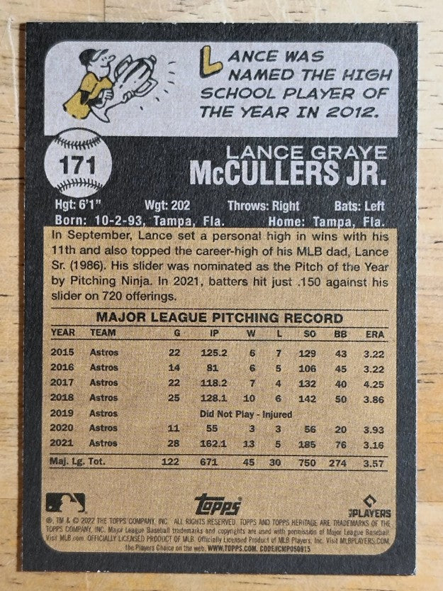 2022 Topps Heritage #171 Lance McCullers Jr.