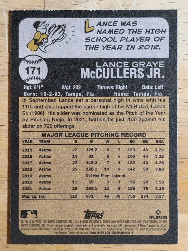 2022 Topps Heritage #171 Lance McCullers Jr.