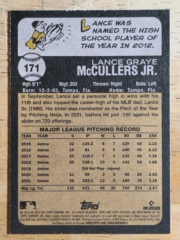 2022 Topps Heritage #171 Lance McCullers Jr.