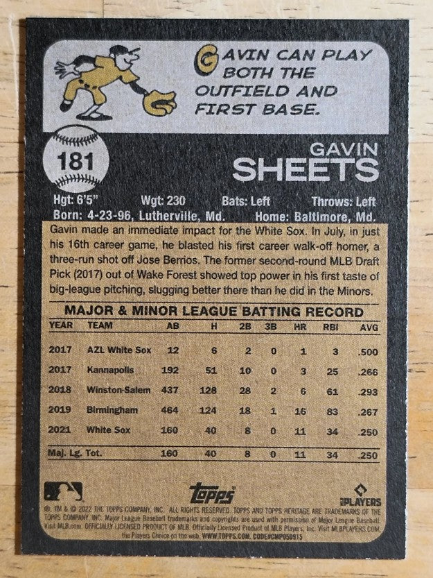 2022 Topps Heritage #181 Gavin Sheets RC