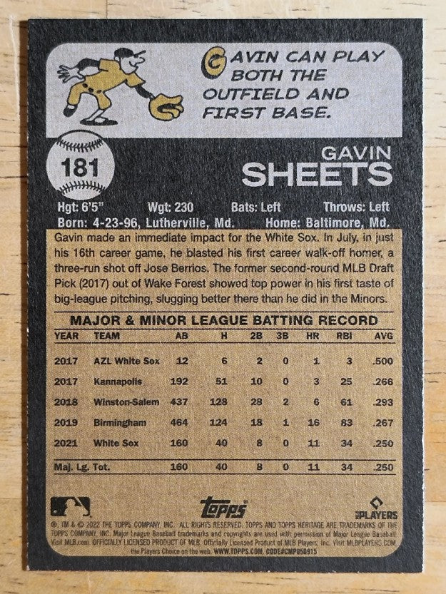 2022 Topps Heritage #181 Gavin Sheets RC