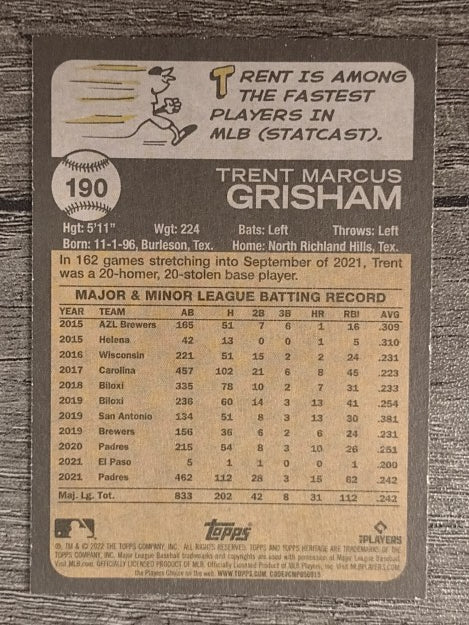2022 Topps Heritage #190 Trent Grisham