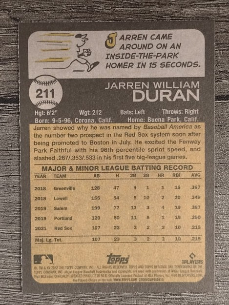 2022 Topps Heritage #211 Jarren Duran RC