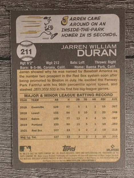 2022 Topps Heritage #211 Jarren Duran RC
