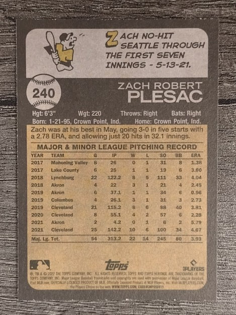 2022 Topps Heritage #240 Zach Plesac