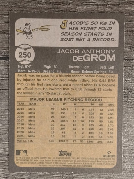 2022 Topps Heritage #250 Jacob deGrom