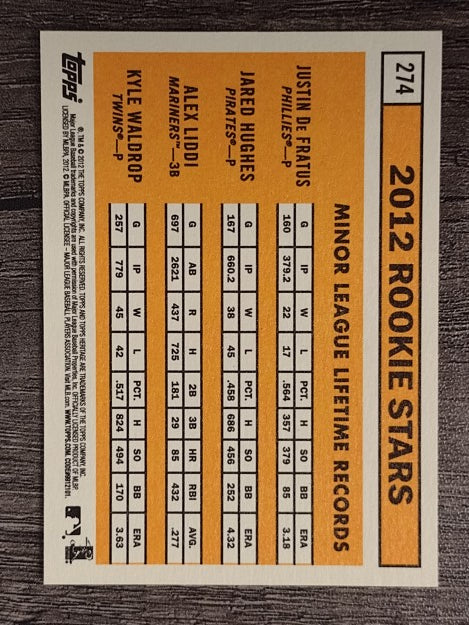 2012 Topps Heritage #274 Justin De Fratus RC/Jared Hughes RC/Alex Liddi RC