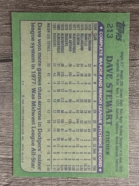 1982 Topps #213 Dave Stewart RC (NM)