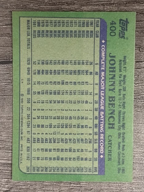 1982 Topps #400 Johnny Bench